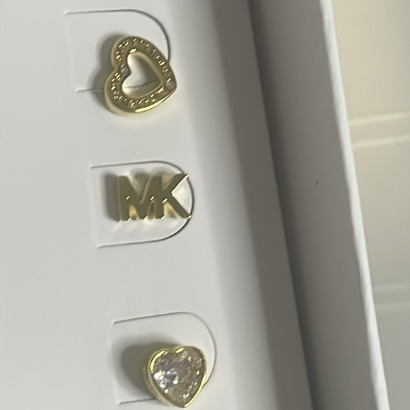 MICHAEL KORS Gold Tone MK Logo Open Heart Pave Crystal Stud Earrings Trio Set - Picture 4 of 7